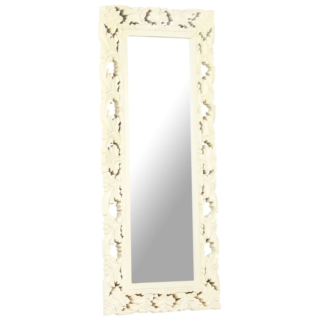 Full view of large white decorative mirror displaying complete rectangular shape and hand-carved pattern, versatile wall art for any room