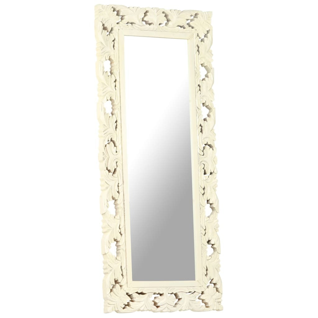 Profile view of artisan carved mirror showing 1-inch depth and quality solid mango wood construction, ready to hang statement piece