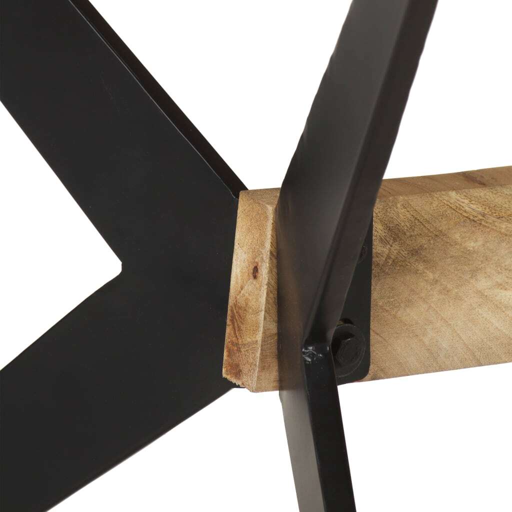 Side view of large mango wood dining table with industrial black metal base
