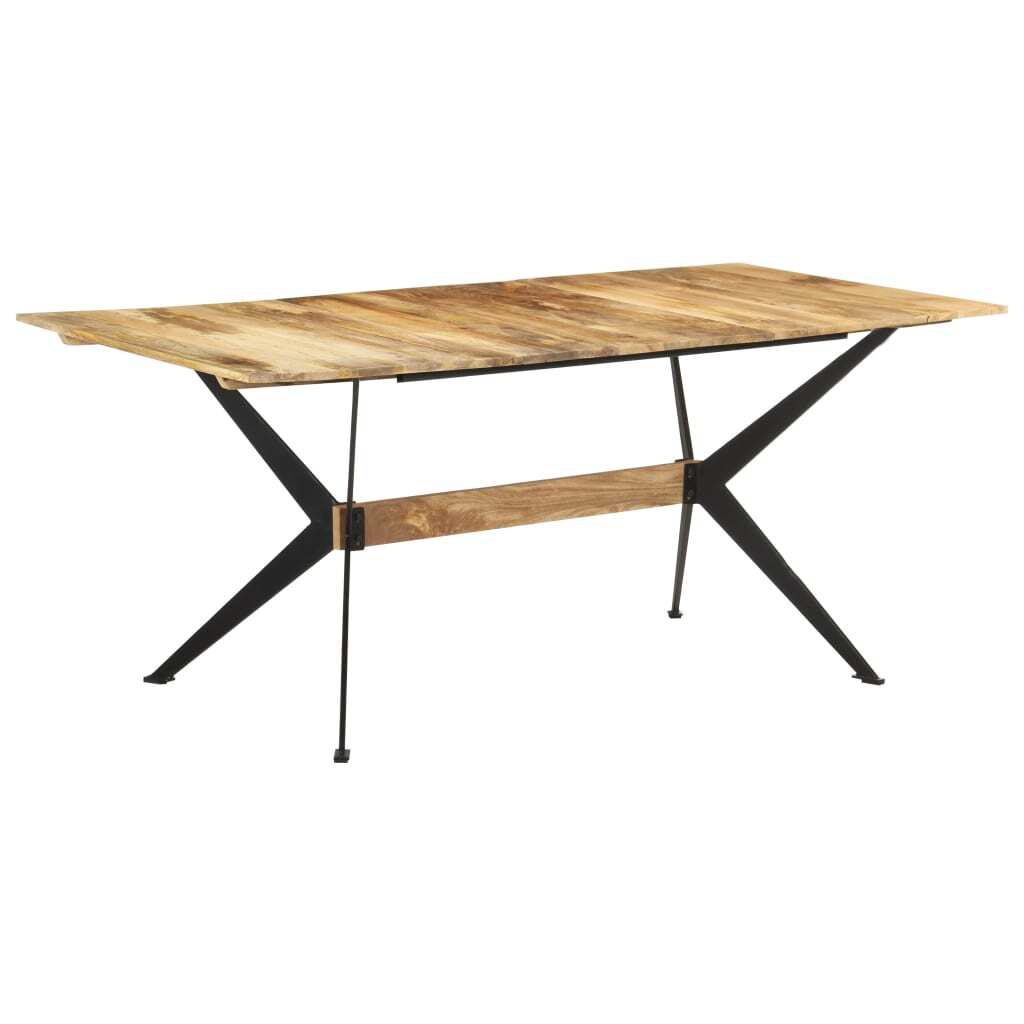 Detail of steel X-frame base connection on large mango wood dining table