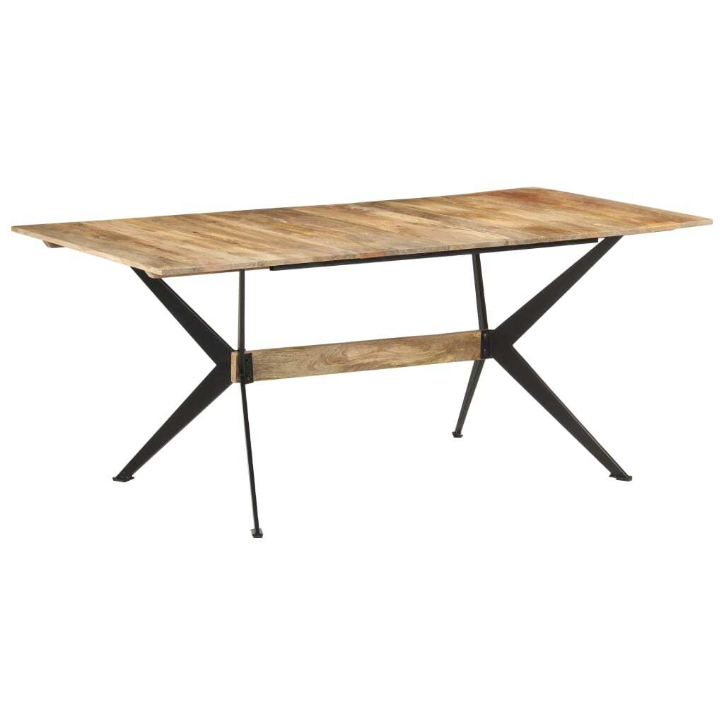 Angled view of industrial mango wood dining table showing size and design