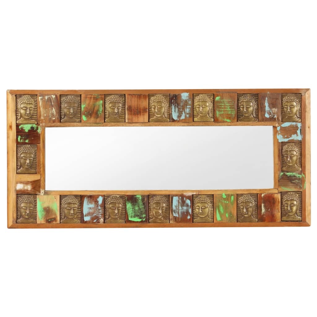 Close-up of intricate Buddha cladding pattern on handmade reclaimed wood mirror frame showing detailed artisan craftsmanship