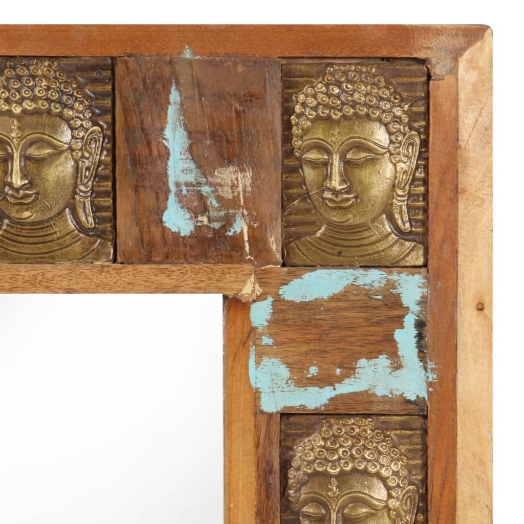 Buddha carved wall mirror showing mixed color solid reclaimed wood texture and spiritual design details for meditation room