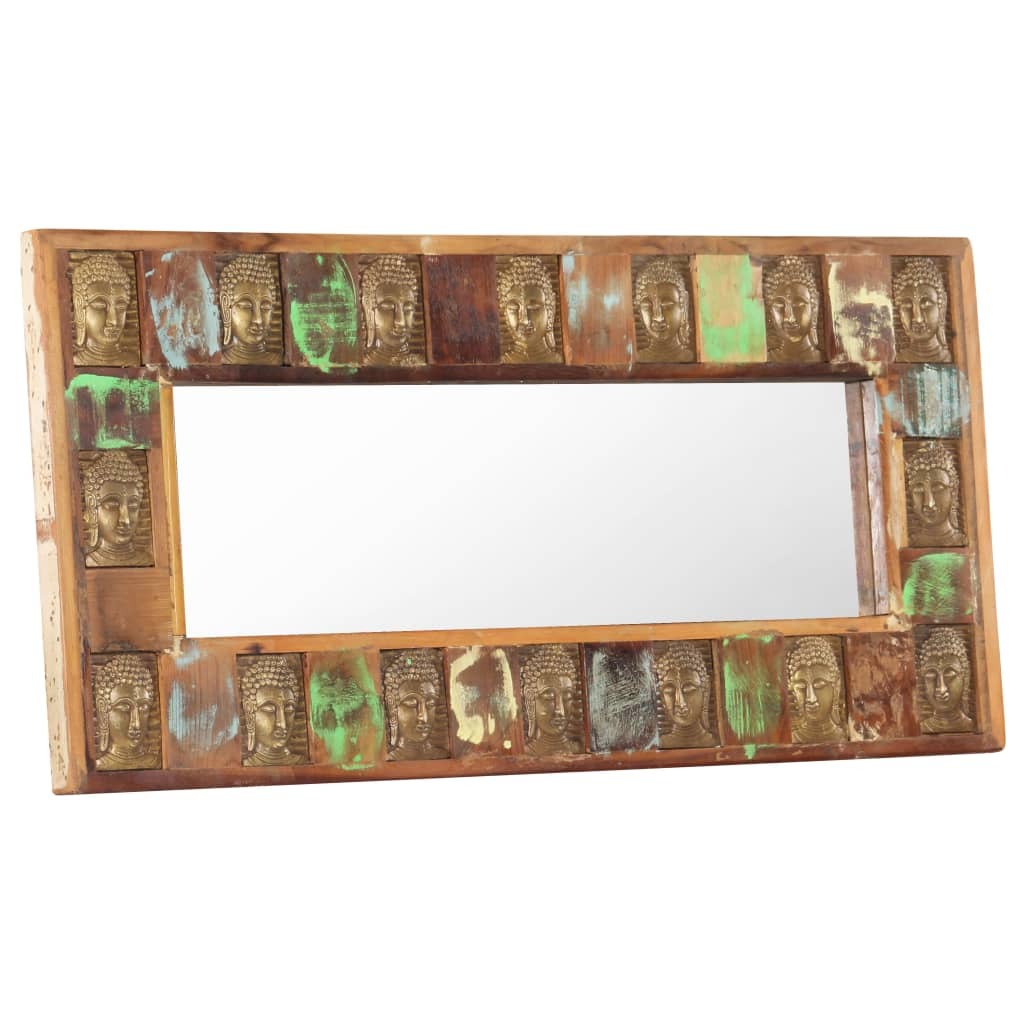 Side view of 43 inch Buddha mirror showing weathered wood frame depth and eco-friendly sustainable construction