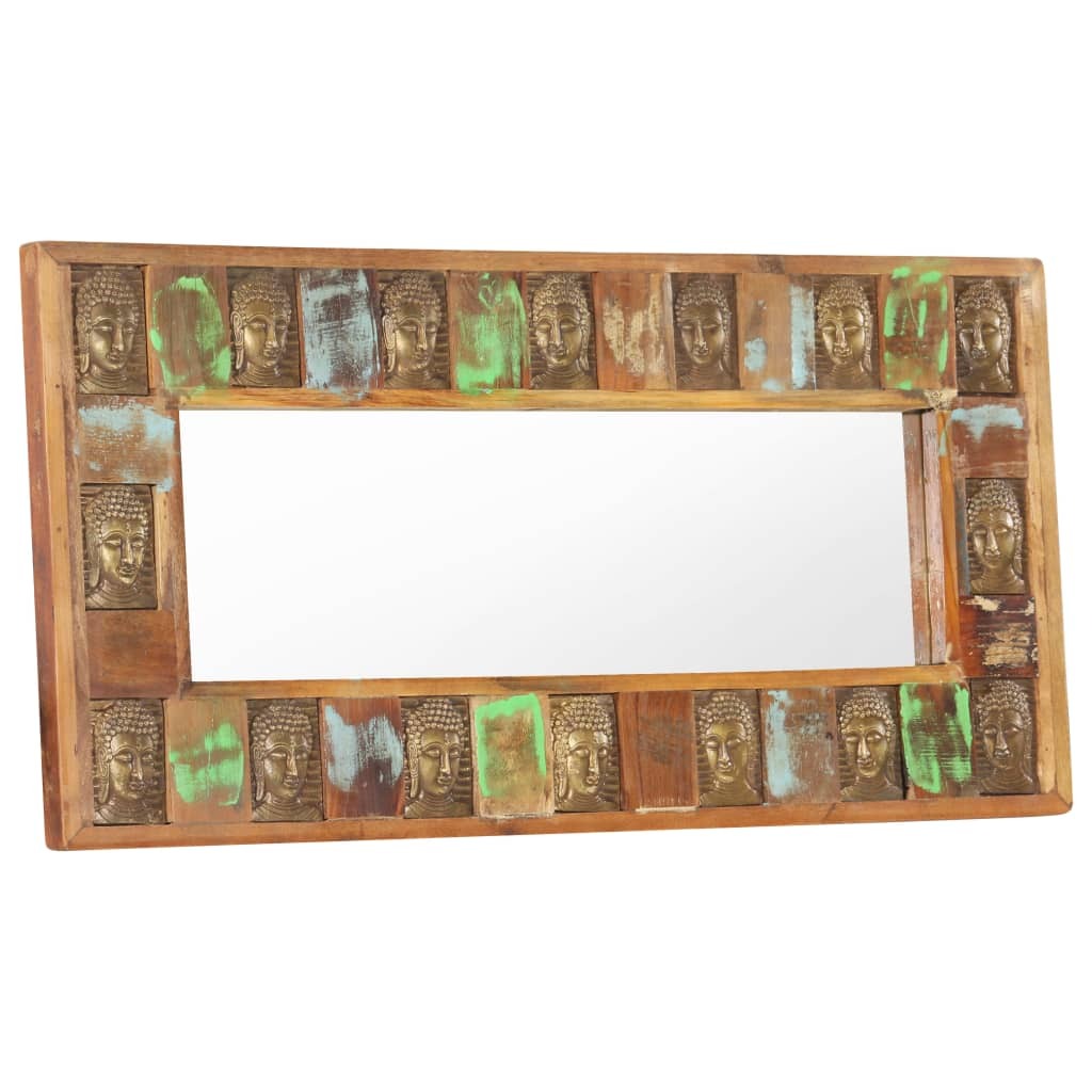 Detail shot of Buddha cladding pattern on reclaimed wood mirror showing unique hand-carved artisan woodworking