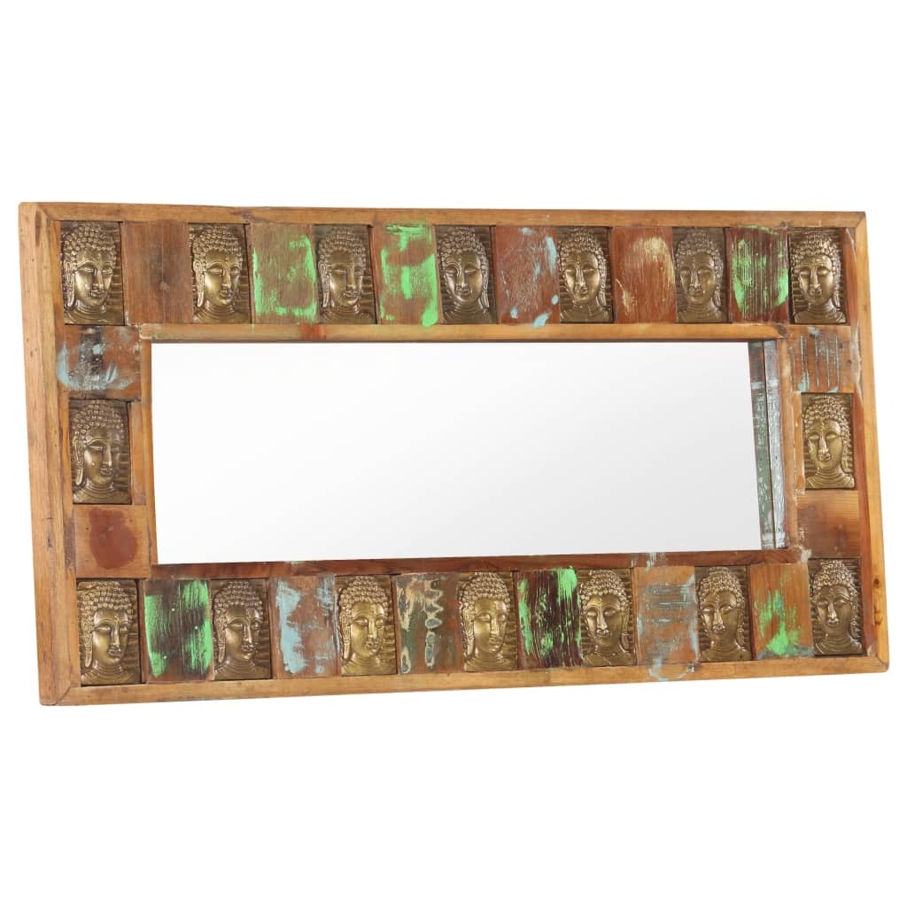 Detail shot of Buddha cladding pattern on reclaimed wood mirror showing unique hand-carved artisan woodworking