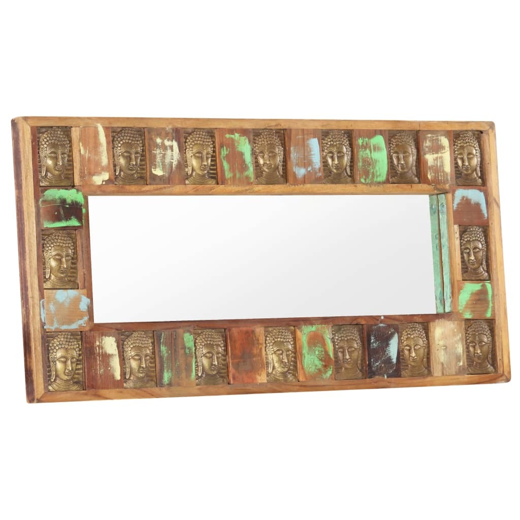 Buddha carved reclaimed wood mirror package showing mixed color weathered finish and rustic vintage character