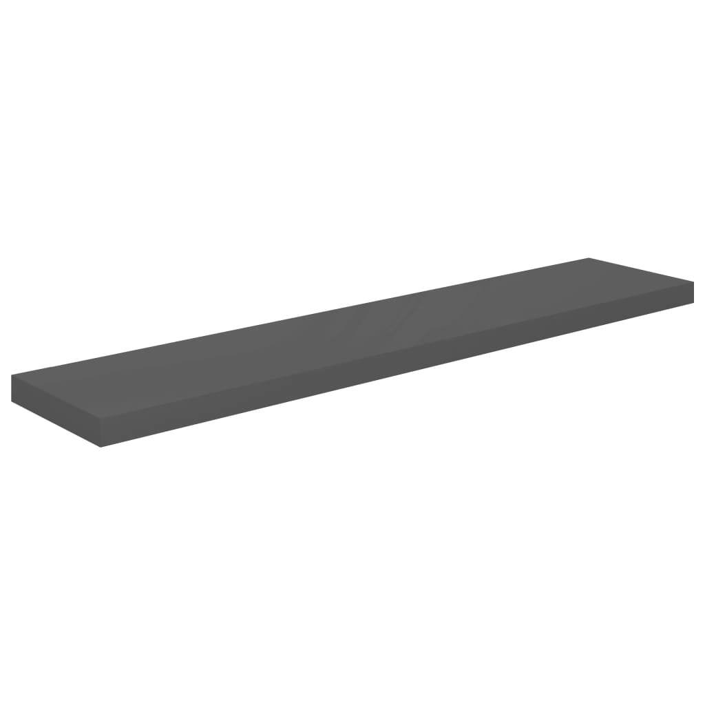 Close-up of single high gloss grey floating shelf showing clean minimalist design