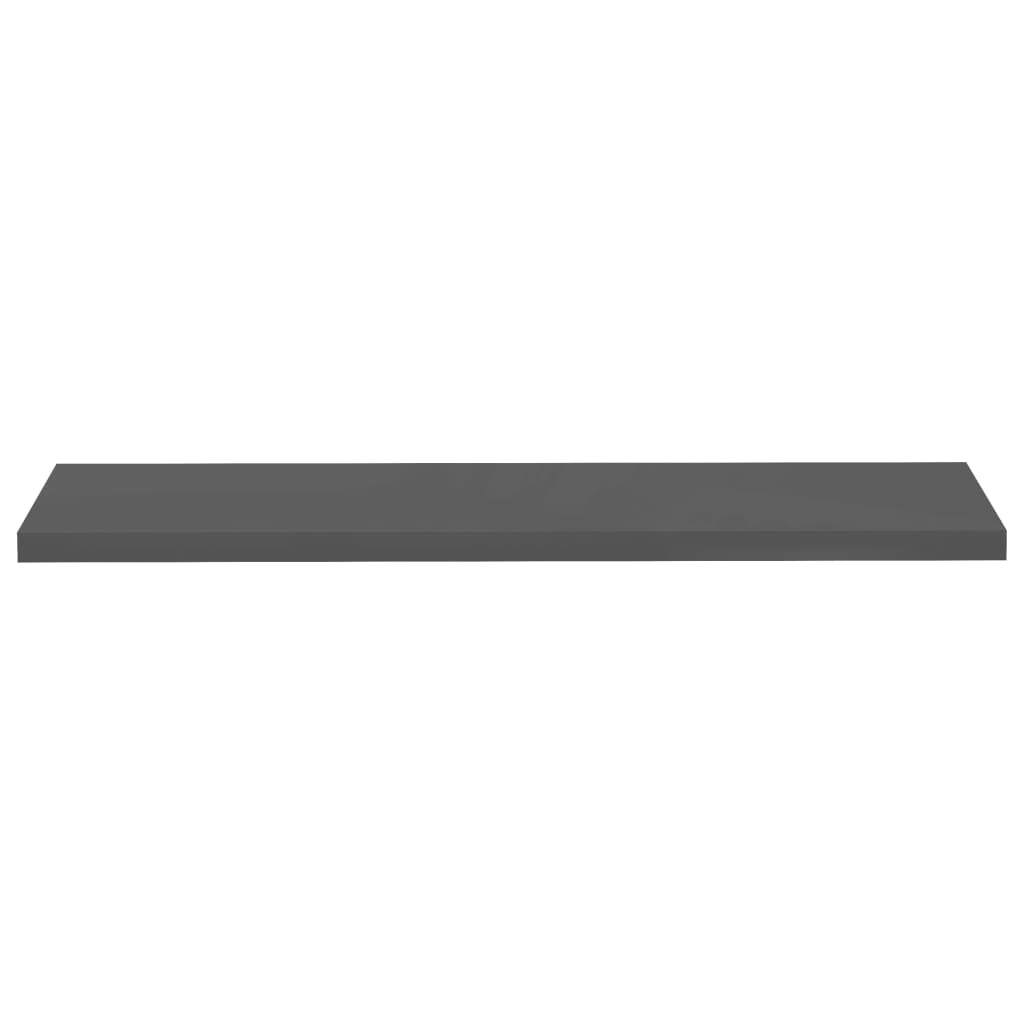 High gloss grey floating shelves displaying books plants and modern accessories