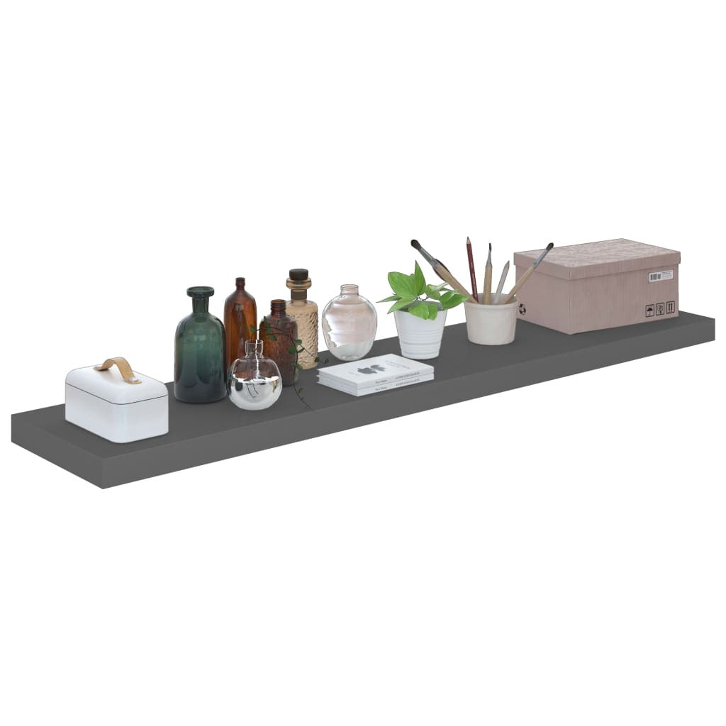 Grey floating shelf installation showing hidden bracket mounting system