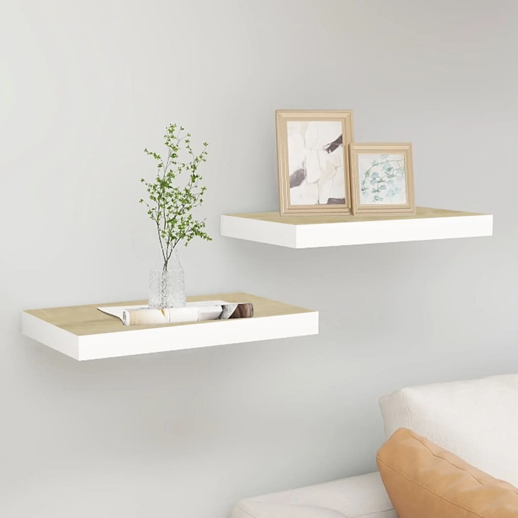 Set of 2 oak and white floating wall shelves 15.7x15.7 inches - modern minimalist storage