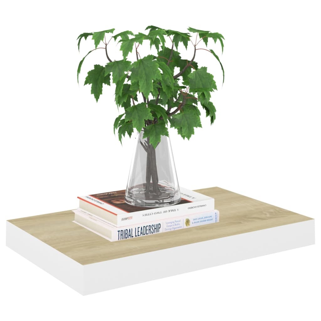 Floating shelves mounted in living room displaying books and decorative items