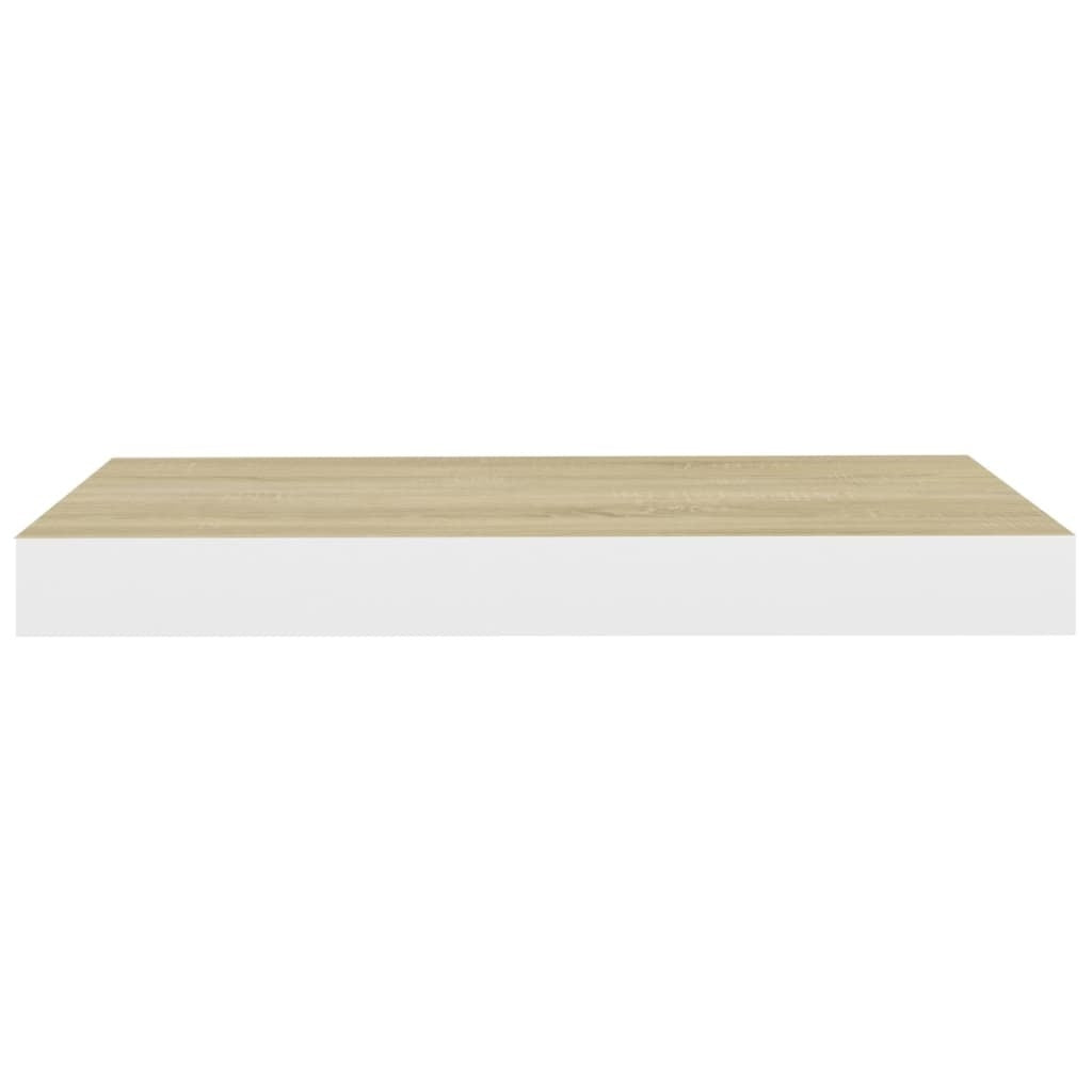Two oak white shelves arranged at different heights for dynamic wall display