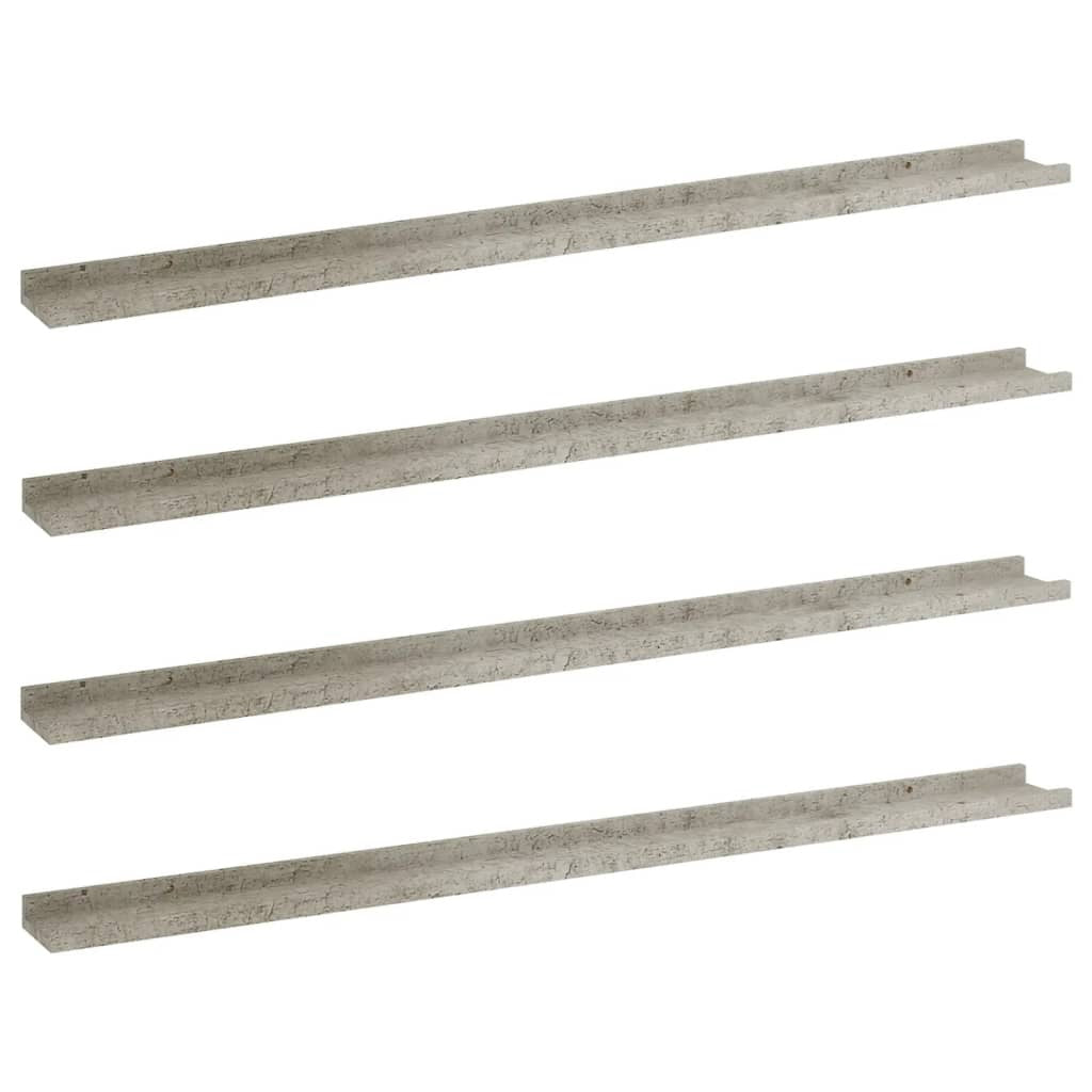 Close-up view of concrete gray floating shelves showing MDF construction and minimalist design