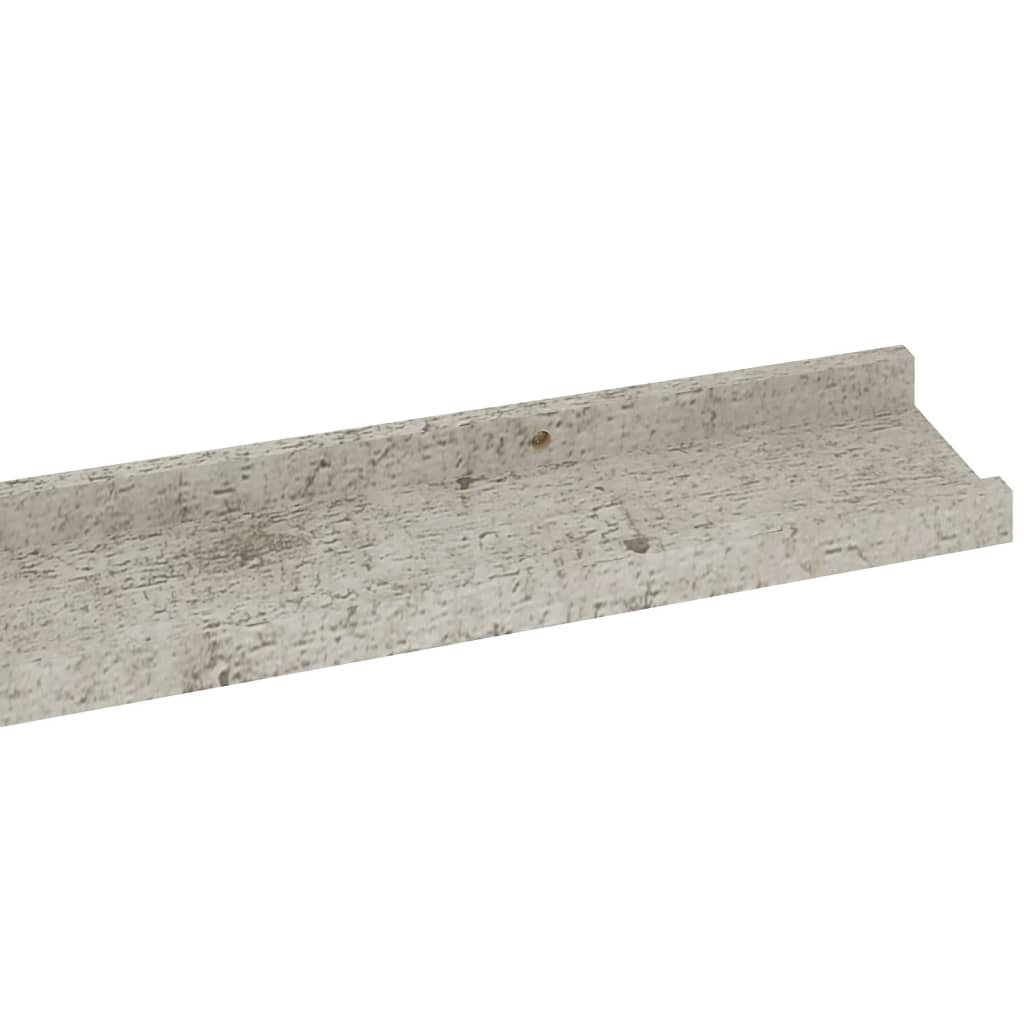 Set of 4 concrete gray floating shelves stacked showing MDF material and gray finish