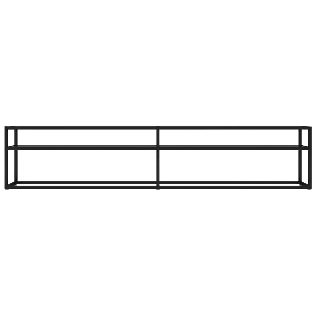 Close-up of tempered glass shelves in black TV cabinet showing storage compartments