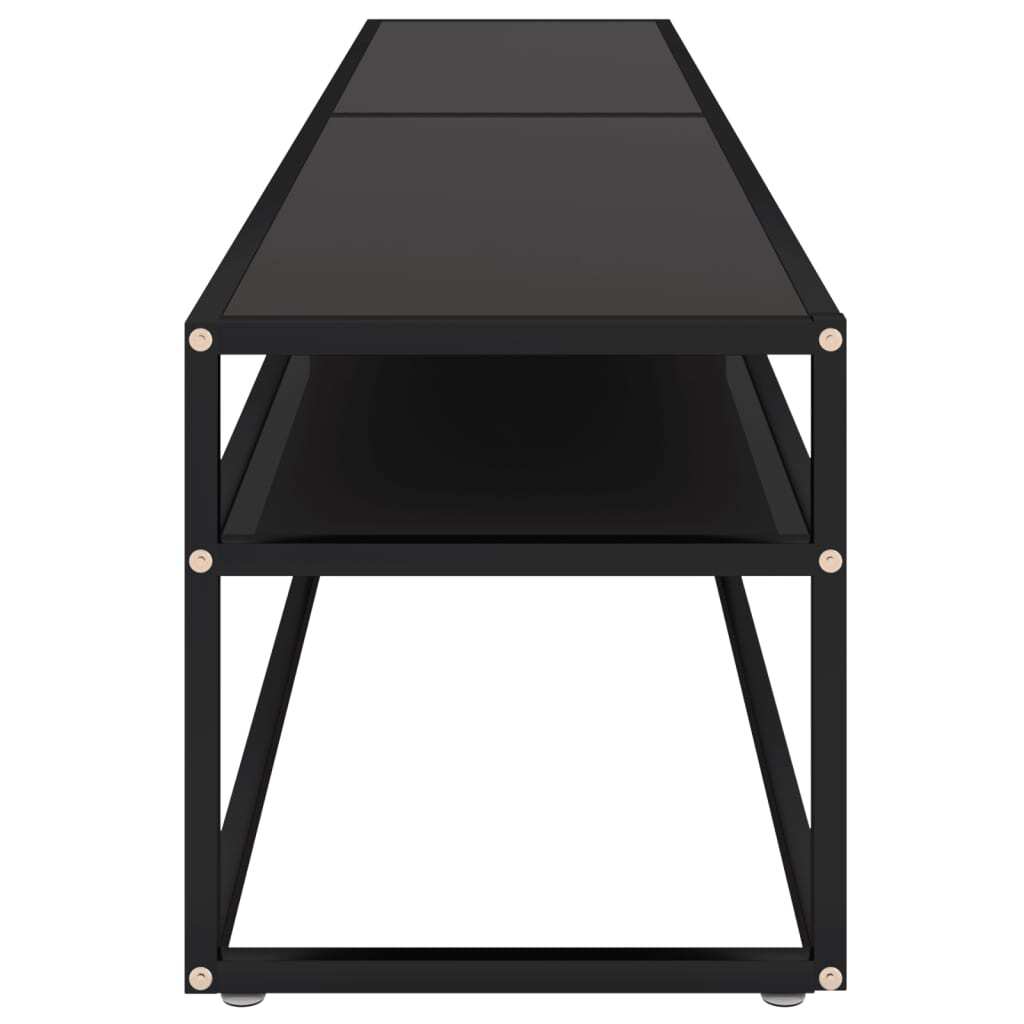 Angled view of sleek black entertainment center with cable management system