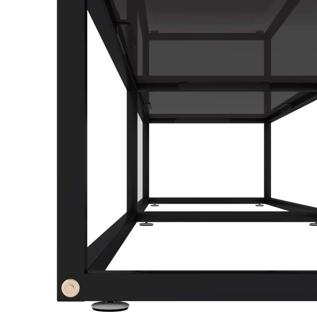 Detail view of black TV cabinet construction showing modern minimalist design