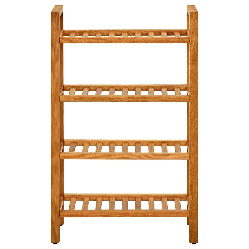 Side view of compact oak shoe rack showing multi-tier design and natural finish