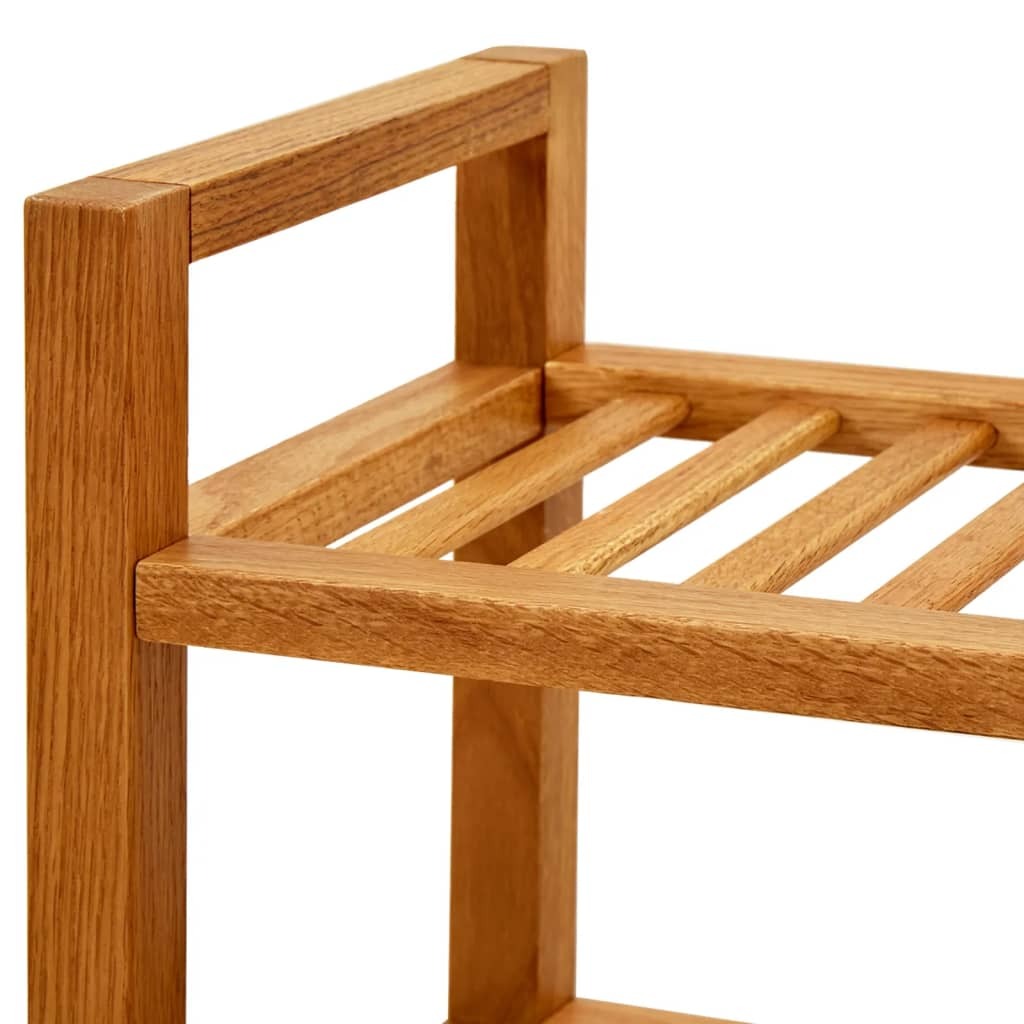 Angled view of compact oak shoe rack showing space-saving storage capacity