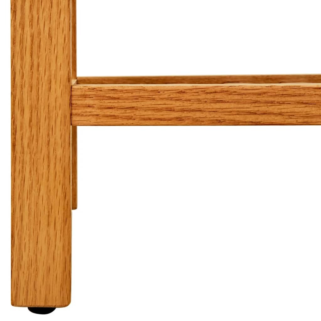 Detail view of oak wood shoe rack showing compact dimensions and assembly