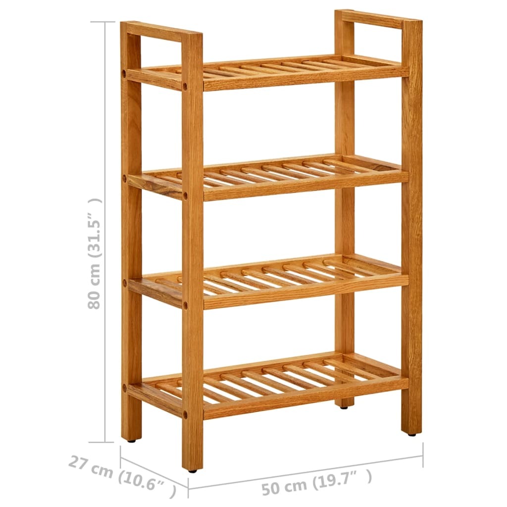 Compact oak shoe rack in use showing organized storage for multiple shoe pairs