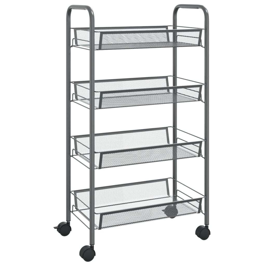 Front view of gray iron kitchen trolley showing 4-tier wire shelf construction