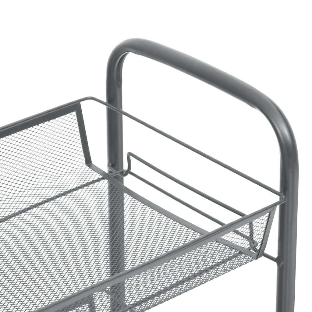 Gray iron kitchen trolley in use showing storage organization and functionality