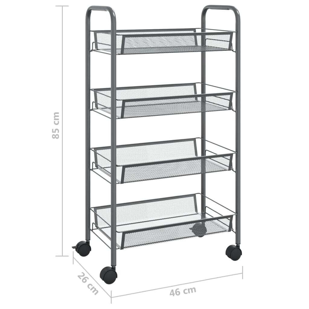 4-tier gray kitchen storage cart showing compact dimensions perfect for small spaces