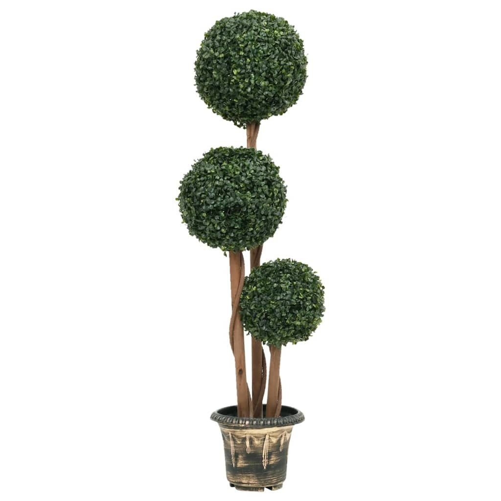 Close-up of realistic artificial boxwood ball showing dense green foliage and lifelike texture for maintenance-free decor