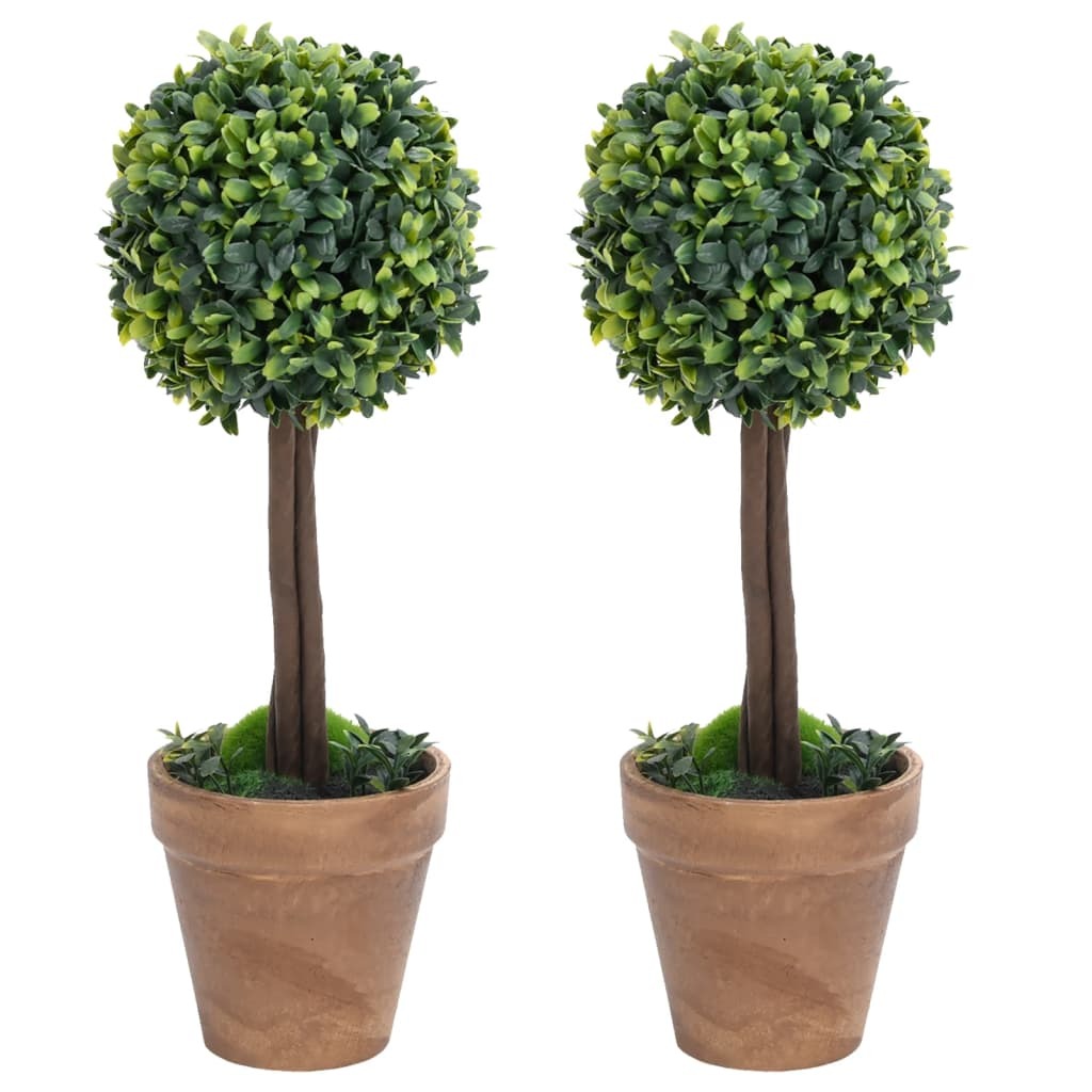 Set of 2 artificial boxwood topiary plants 22 inches tall with spherical balls and eucalyptus stems for indoor outdoor decor