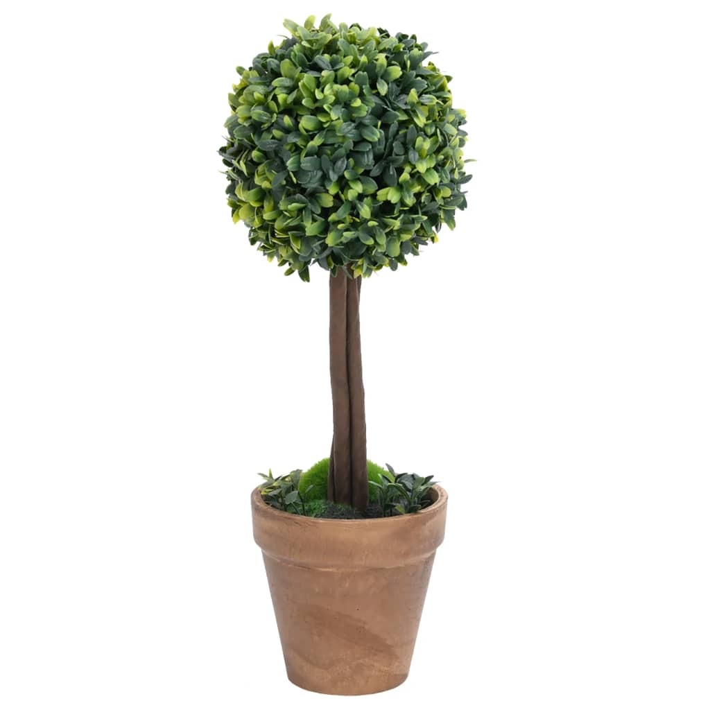 Pair of artificial boxwood topiary plants in entryway setting demonstrating symmetrical display for home decoration