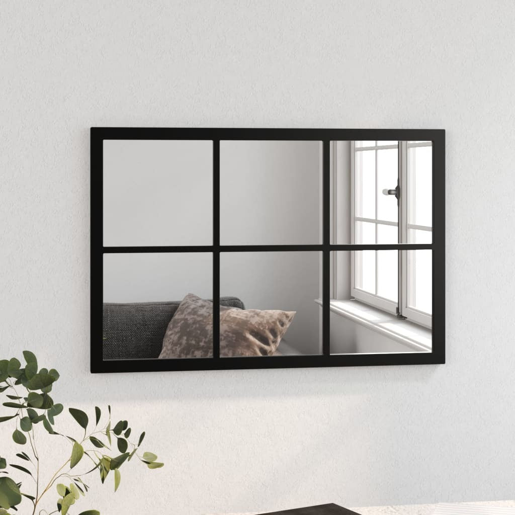 Front view of wall-mounted mirror with black frame displaying crystal-clear glass reflection, ideal for grooming and decoration