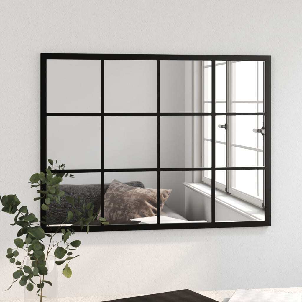 Front view of large rectangular mirror with black frame displaying crystal-clear glass reflection, perfect for vanity or grooming area