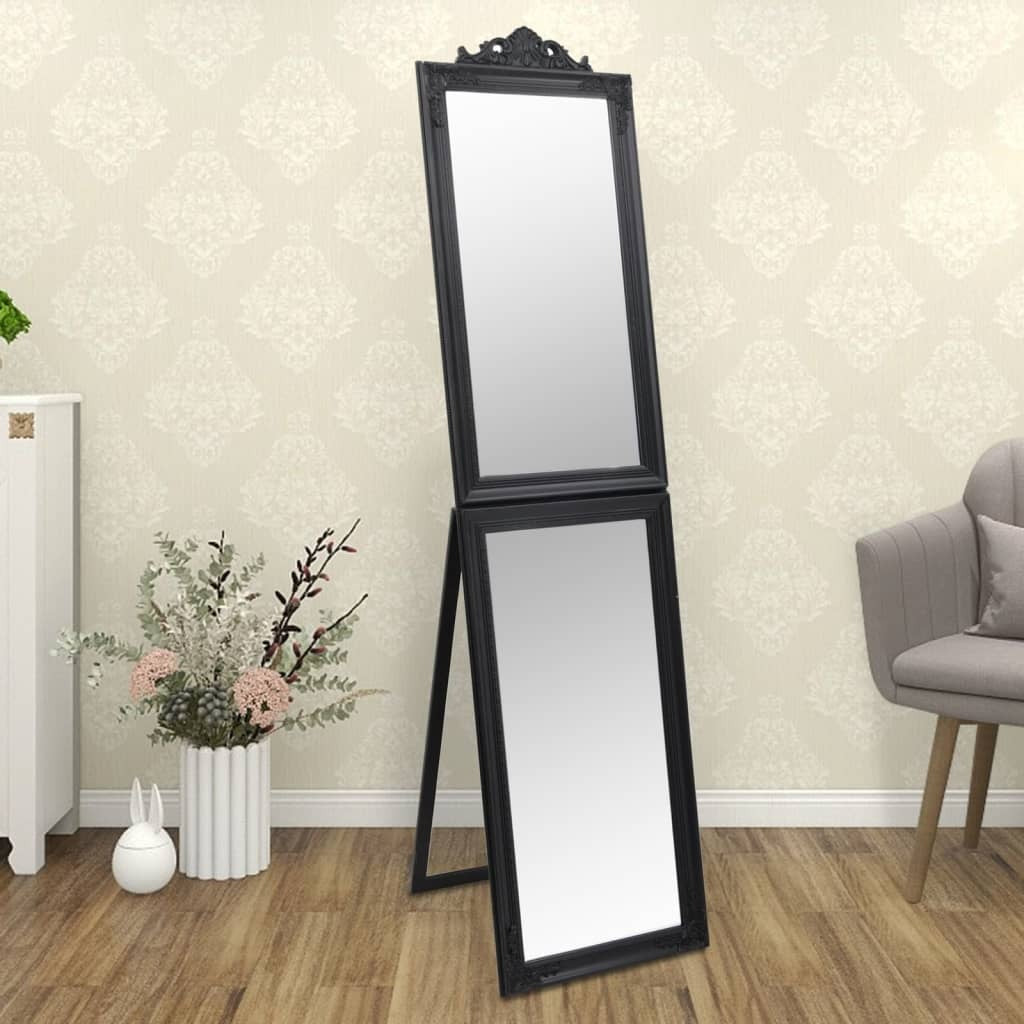 Elegant 63-inch tall black baroque full-length floor mirror with ornate frame and matte finish, freestanding foldable design perfect for bedroom or dressing room