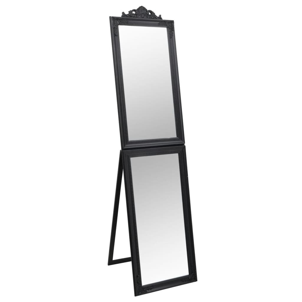 Close-up of baroque-style black mirror frame showing ornate decorative details and sophisticated matte finish, luxury bedroom furniture