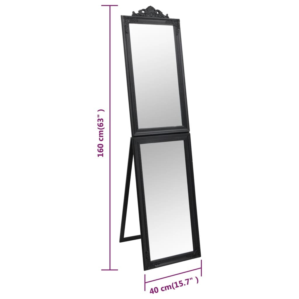 Complete black baroque full-length mirror displaying foldable feature and elegant proportions, versatile statement piece for any room