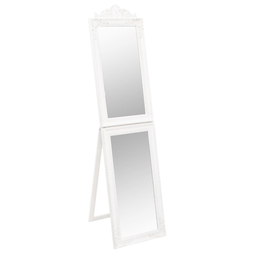 Elegant white painted baroque mirror showing ornate frame detail and adjustable angle feature for dressing room