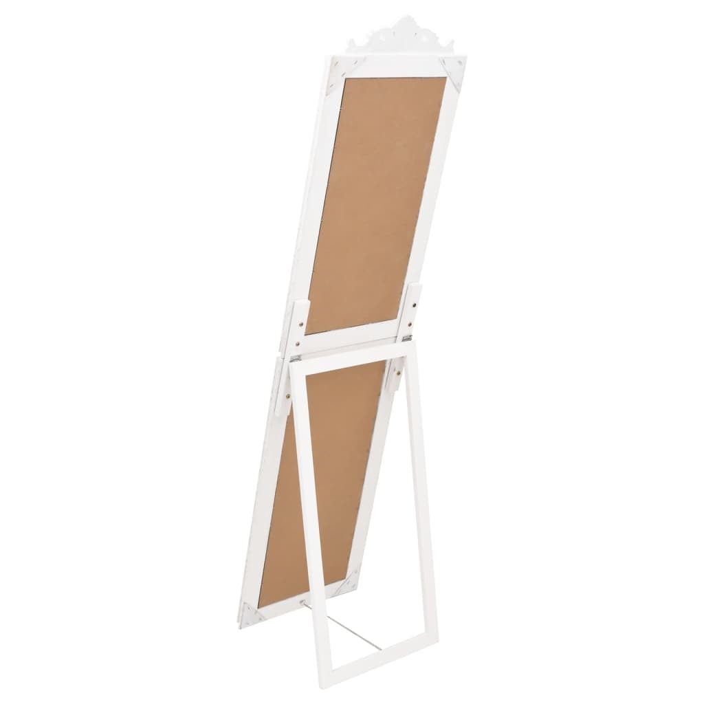 White baroque standing mirror side view displaying foldable space-saving design and solid wood construction