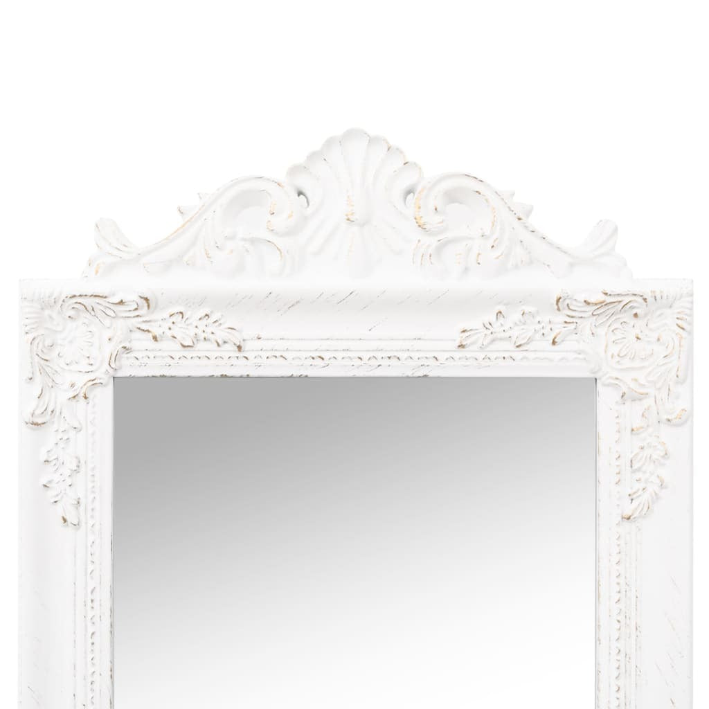 Close-up of white eucalyptus wood frame showing elegant baroque styling and painted finish detail