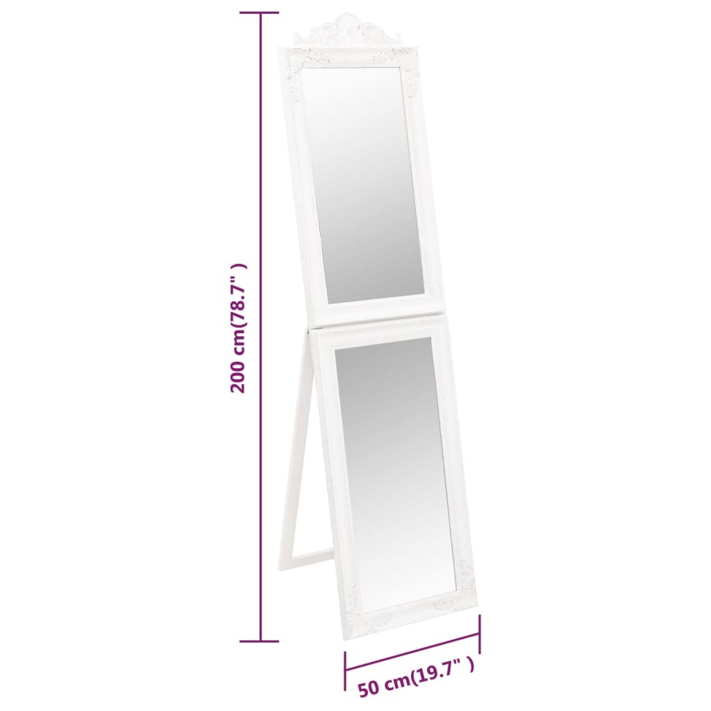Foldable white baroque mirror full product view showing adjustable angle and complete 78.7 inch height for full-body reflection