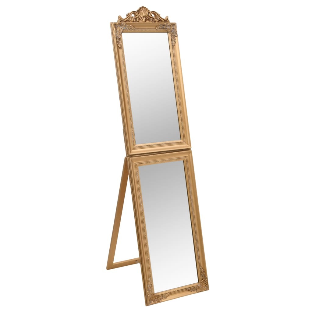 Gold baroque floor mirror showing adjustable height feature and foldable design for space-saving storage