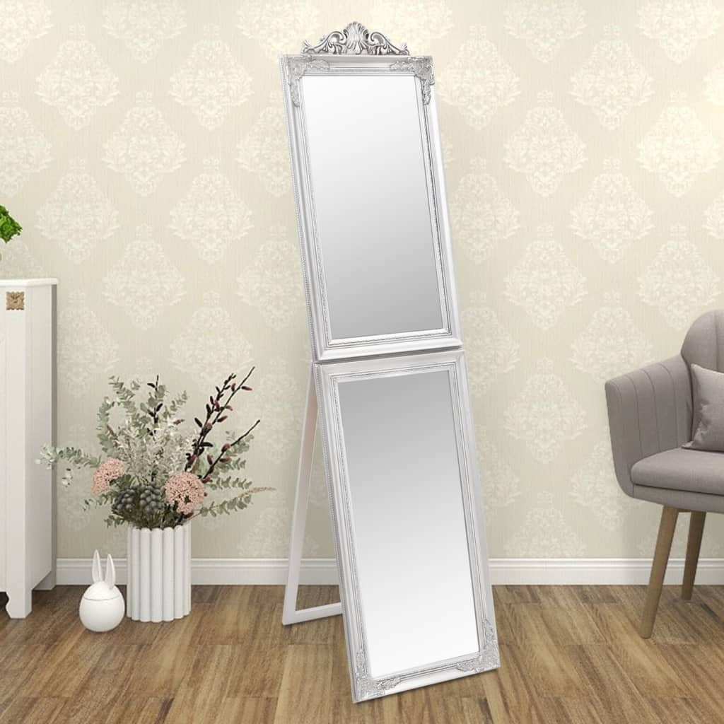 Luxurious 79-inch tall silver baroque full-length floor mirror with ornate antique finish frame and intricate decorative inlays, freestanding foldable design perfect for bedroom or dressing room