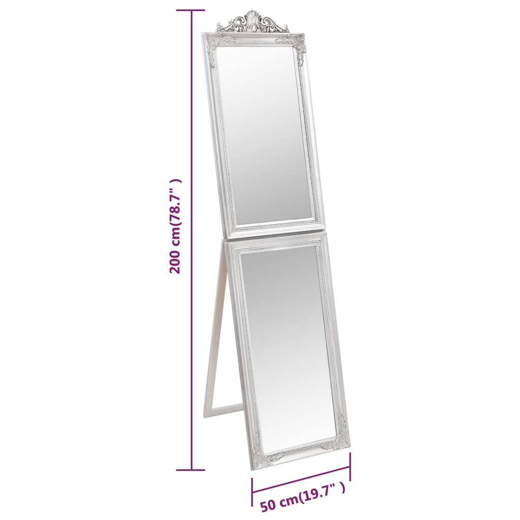 Complete silver baroque full-length mirror displaying foldable feature and elegant proportions, premium statement piece for luxury interiors