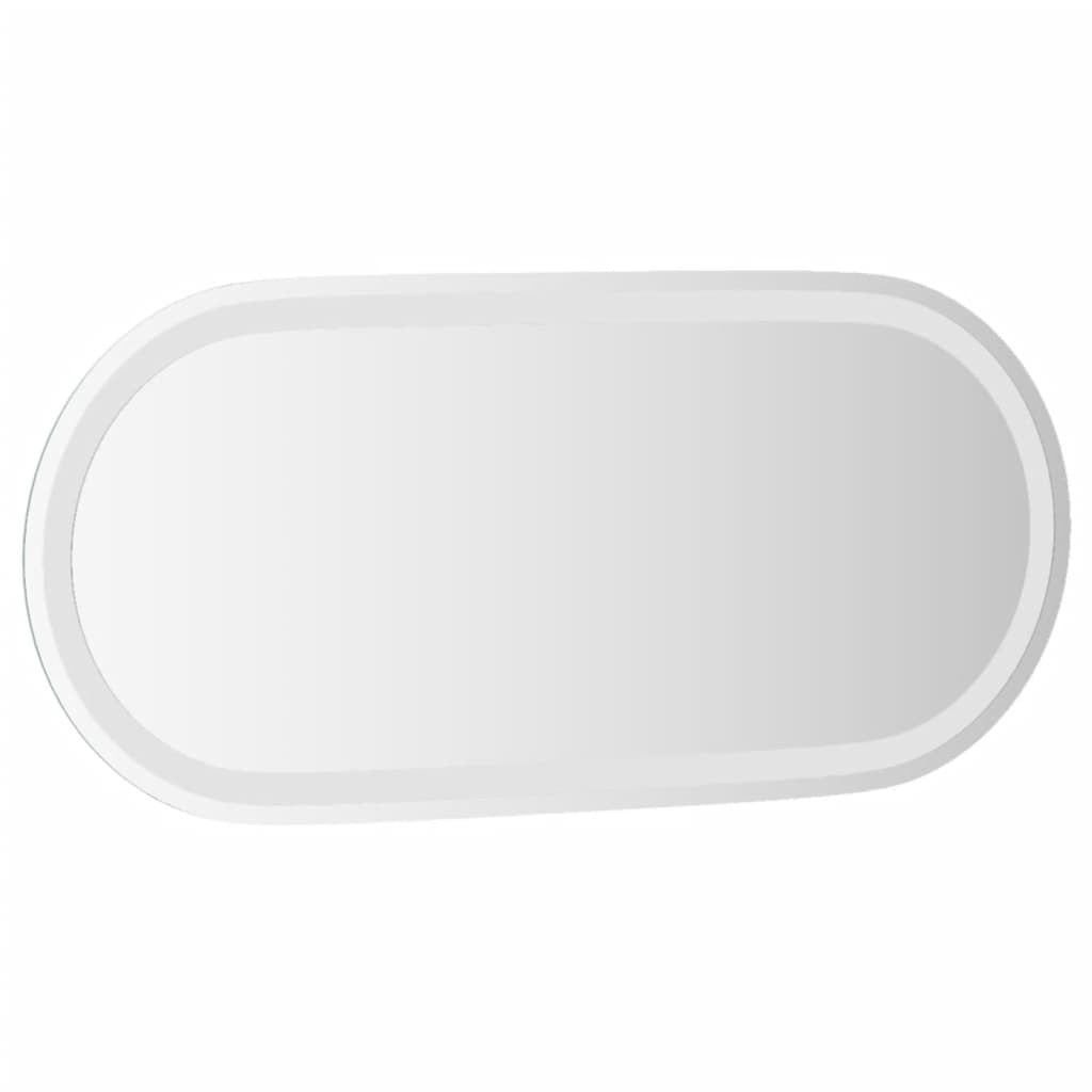 Close-up of LED bathroom mirror showing energy-efficient cool white lighting and sleek oval design