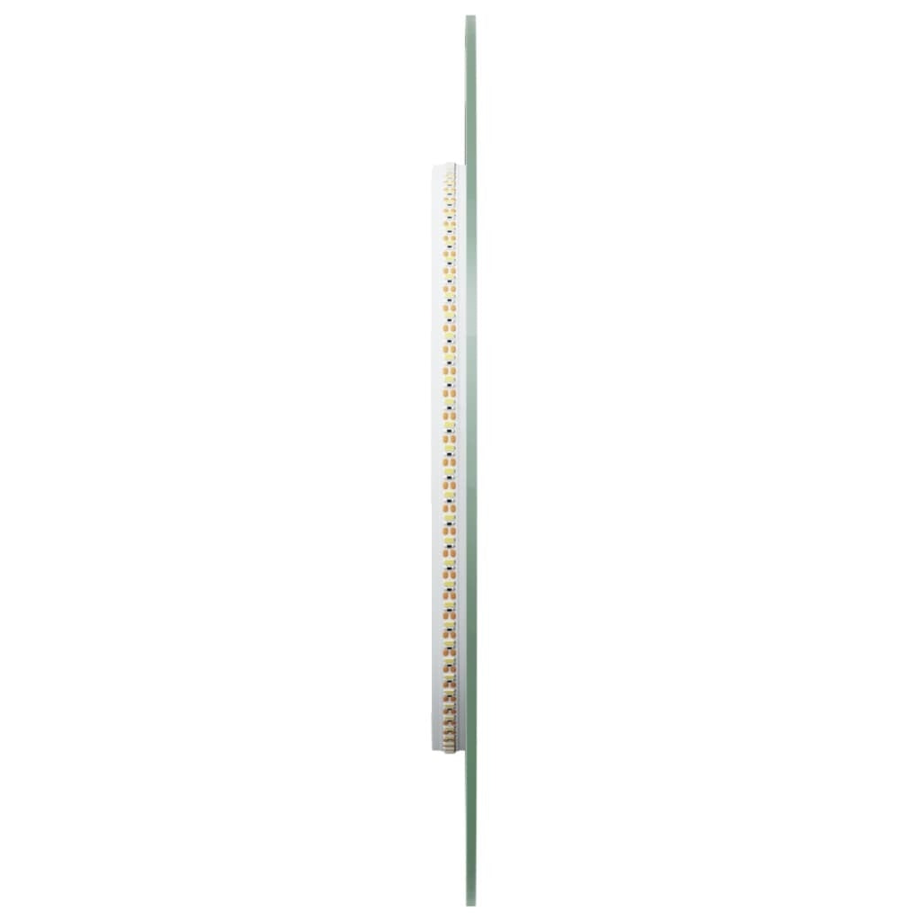 Illuminated LED mirror in bathroom showing soft cool white lighting ideal for makeup and skincare
