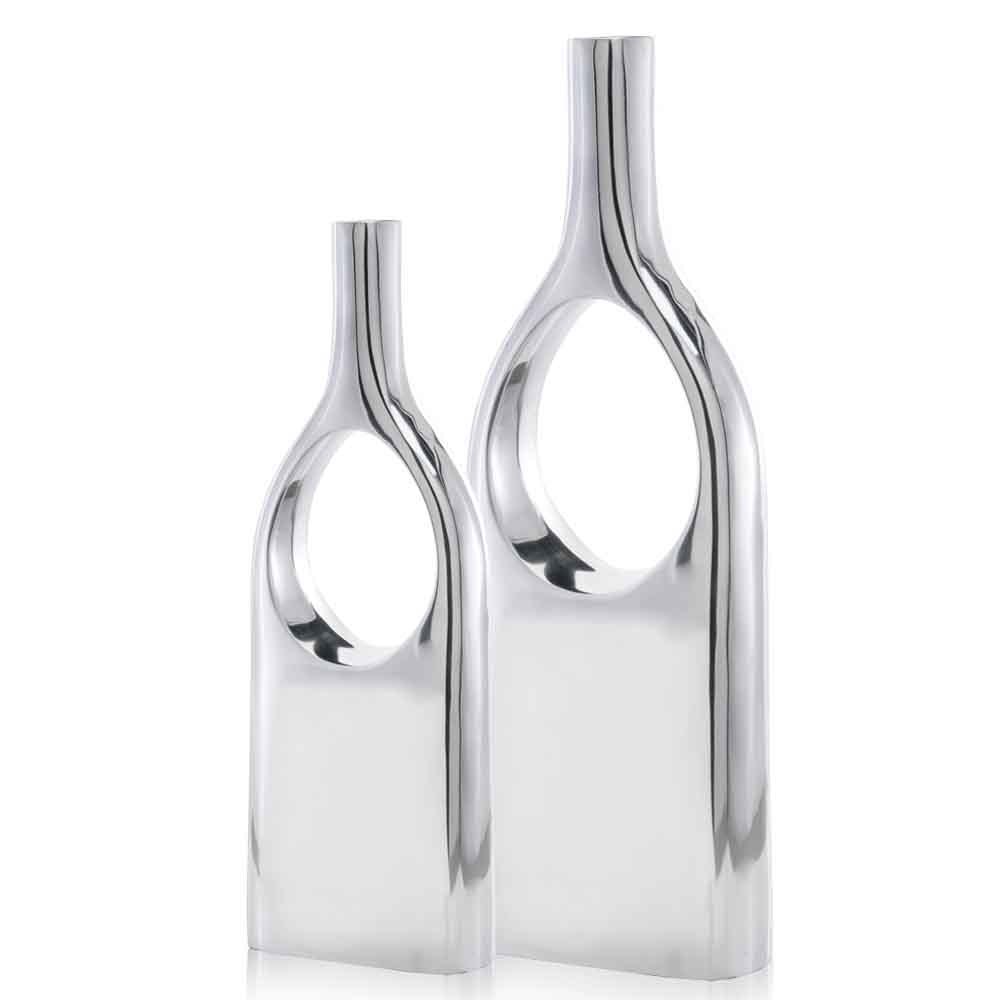 Set of two 25-inch tall silver aluminum modern vases with geometric cutout hole design, contemporary metallic table decor for minimalist home interiors