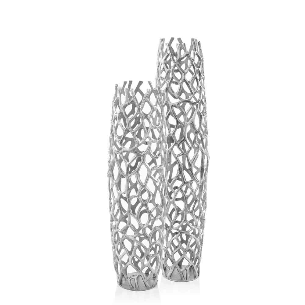 Large cylinder floor vase aluminum silver side view displaying impressive 32 inch height