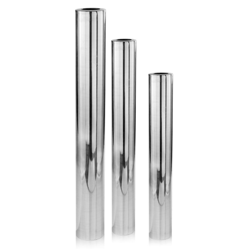 Large 56 inch silver metal floor vase showing sleek cylinder design, dramatic statement decor for lobbies and large rooms