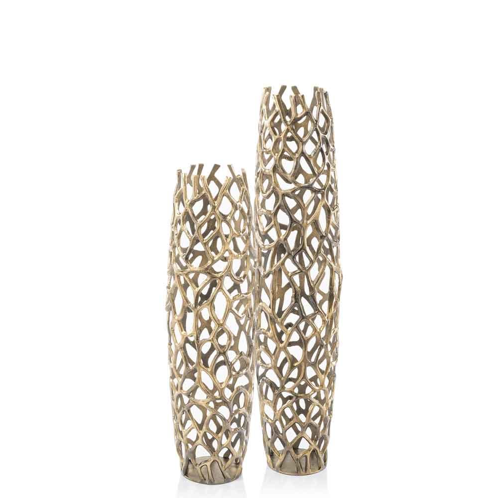 Gold aluminum floor vase with twigs design detail, modern metallic decor piece for luxury interiors and entryways